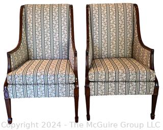 Pair of Upholstered Fireside Wing Back Chairs with Wood Trim by Hickory Chair Co.