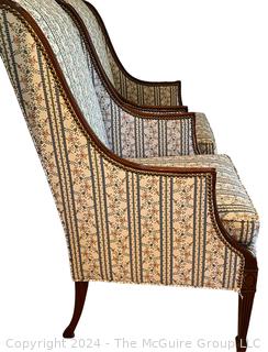 Pair of Upholstered Fireside Wing Back Chairs with Wood Trim by Hickory Chair Co.