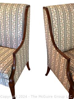 Pair of Upholstered Fireside Wing Back Chairs with Wood Trim by Hickory Chair Co.