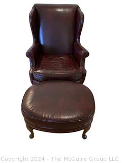 Brown Leather Wing Back Library Armchair with Foot Stool. 30 x 35 x 41”