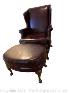 Brown Leather Wing Back Library Armchair with Foot Stool. 30 x 35 x 41”