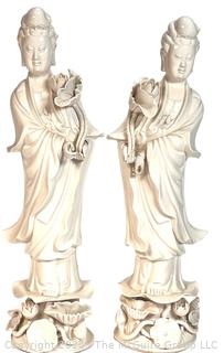 Two (2) Blanc de Chine Standing Guanyin Figures, Some Damage. 14" tall