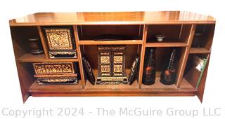 1960's Mid Century Hand Carved Asian Teak Desk with Front Curio Cabinet Behind Fold Away Doors in the front.  Measures 70"L x 32"W x 30"T (Removal for this item is Sunday, Nov. 3 12-2pm at a residence in Arlington, VA to be provided to winning bidder)      




