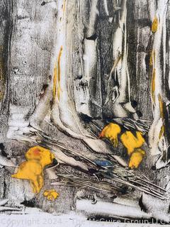 Framed and Matted Under Glass Colored Lithograph Titled Yellow Mushrooms 1/1 by Connie Gerdts. Measures 16 x 21"