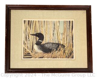 Framed Under Glass Serigraph Print of Loon Signed by Artist Joyce Kasprzyk. 12 x 15"