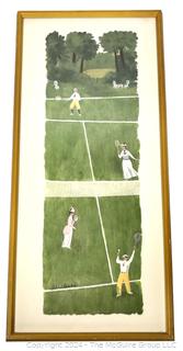 Framed Under Glass Wood Block Print ?? of Tennis Game Signed by Artist Richard Howard. 12.5 x 27" 