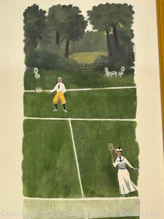 Framed Under Glass Wood Block Print ?? of Tennis Game Signed by Artist Richard Howard. 12.5 x 27" 