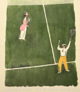 Framed Under Glass Wood Block Print ?? of Tennis Game Signed by Artist Richard Howard. 12.5 x 27" 