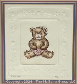 Framed Under Glass Color Lithograph Titled "Mother Bear" Signed by Artist Olson. 12 x 13" 