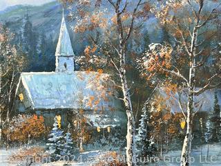 Unframed Oil on Canvas of Winter Scene. Signed by Artist Beverly Jamison Carrick. 24 x 36" 