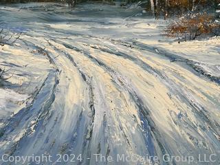 Unframed Oil on Canvas of Winter Scene. Signed by Artist Beverly Jamison Carrick. 24 x 36" 