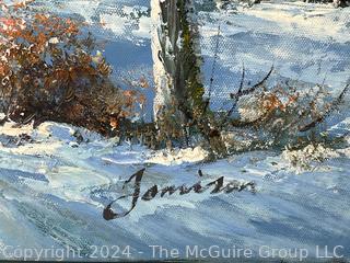 Unframed Oil on Canvas of Winter Scene. Signed by Artist Beverly Jamison Carrick. 24 x 36" 