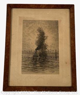 Framed Under Glass Etching "Tow Leaving Buffalo Harbor" by Amos W. Sangster. 8 x 10"