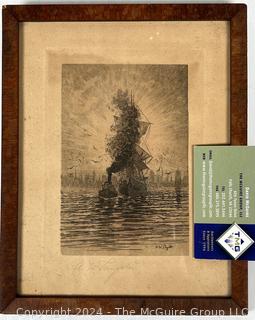 Framed Under Glass Etching "Tow Leaving Buffalo Harbor" by Amos W. Sangster. 8 x 10"