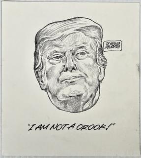 Unframed Charcoal on Paper of Donald Trump "I am not a Crook" Signed by Artist Douglas Edwards. 9 x 10"