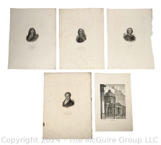 Five (5) Unframed Engravings of French Literary and Musical Dignitaries and a view of Palais de L'Institut