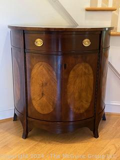 Drexel Heritage Inlaid Mahogany Demilune Console Cabinet.  Doors are locked, no key. 32 x 16 x 32”