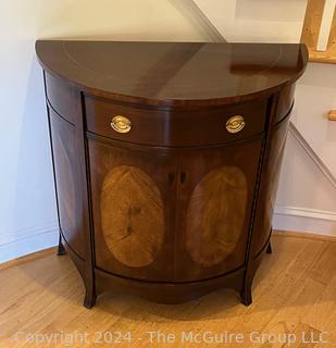 Drexel Heritage Inlaid Mahogany Demilune Console Cabinet.  Doors are locked, no key. 32 x 16 x 32”