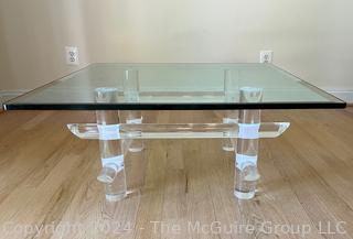 Lucite Acrylic with Glass Top Coffee Table Possibly by Ralph Gambaro (United States 1939-1990) For Les Prismatiques.   36” Square