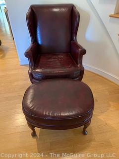 Brown Leather Wing Back Library Armchair with Foot Stool. 30 x 35 x 41”