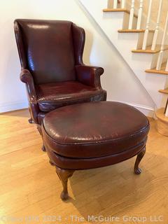 Brown Leather Wing Back Library Armchair with Foot Stool. 30 x 35 x 41”