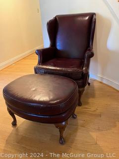 Brown Leather Wing Back Library Armchair with Foot Stool. 30 x 35 x 41”