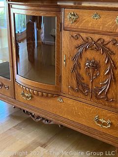 Victorian Oak Side by Side Bookcase & China Cabinet with Bow Front Glass.  18.5 x 32" x 58"