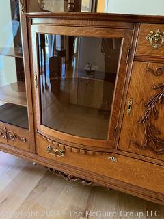 Victorian Oak Side by Side Bookcase & China Cabinet with Bow Front Glass.  18.5 x 32" x 58"