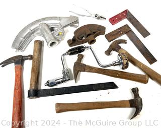 Four (4) Wood Handle Hammers, Hand Brace, Right Angle Squares, Pipe Benders and Pliers