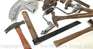 Four (4) Wood Handle Hammers, Hand Brace, Right Angle Squares, Pipe Benders and Pliers