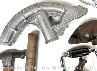 Four (4) Wood Handle Hammers, Hand Brace, Right Angle Squares, Pipe Benders and Pliers