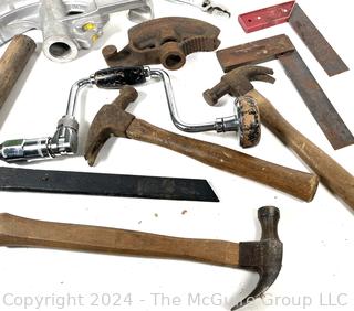 Four (4) Wood Handle Hammers, Hand Brace, Right Angle Squares, Pipe Benders and Pliers