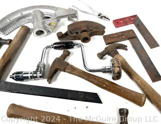 Four (4) Wood Handle Hammers, Hand Brace, Right Angle Squares, Pipe Benders and Pliers