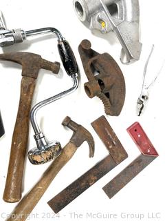 Four (4) Wood Handle Hammers, Hand Brace, Right Angle Squares, Pipe Benders and Pliers