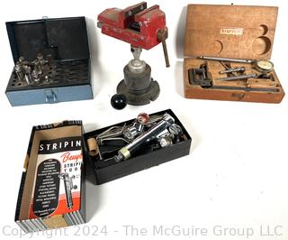 Starrett Universal Back Plunger Dial Indicator; Craftsman Router Bits; Vise on Universal Mount; and Stripping Tool