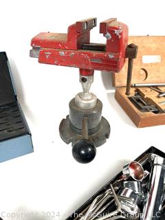 Starrett Universal Back Plunger Dial Indicator; Craftsman Router Bits; Vise on Universal Mount; and Stripping Tool