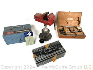 Starrett Universal Back Plunger Dial Indicator; Craftsman Router Bits; Vise on Universal Mount; and Stripping Tool