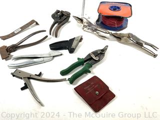 Assortment of Hand Tools: Clamps, pliers, nippers; pry-bar, and roll of wire