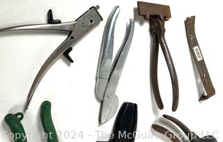 Assortment of Hand Tools: Clamps, pliers, nippers; pry-bar, and roll of wire