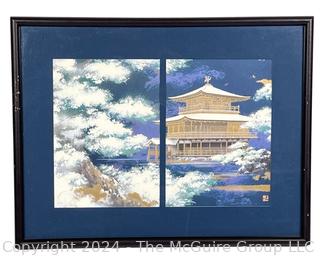 Framed Under Glass Paint on Board of Temple Signed by Japanese Artist with Chopmark