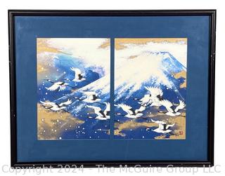 Framed Under Glass Paint on Board of Cranes Over Mountain Signed by Japanese Artist with Chopmark