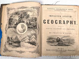 Books including "Giants of the Republic 1895" and 1871 Map book by McNally titled "Improved System of Geography for Schools, Academies and Seminairies"