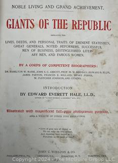 Books including "Giants of the Republic 1895" and 1871 Map book by McNally titled "Improved System of Geography for Schools, Academies and Seminairies"