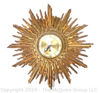 Mid-Century Modern Syroco Sunburst Gilt Wall Clock.  Clock not working,  some damage