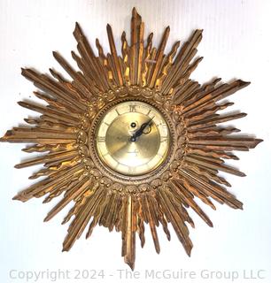 Mid-Century Modern Syroco Sunburst Gilt Wall Clock.  Clock not working,  some damage