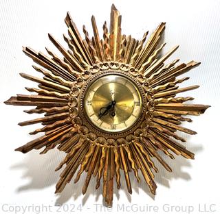 Mid-Century Modern Syroco Sunburst Gilt Wall Clock.  Clock not working,  some damage