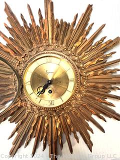 Mid-Century Modern Syroco Sunburst Gilt Wall Clock.  Clock not working,  some damage