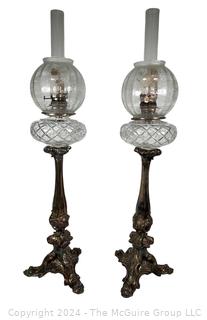 Pair of large (36" H) Victorian Bronze Oil Lamps with Cut Crystal and Etched Glass Shades