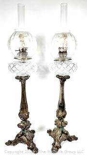 Pair of large (36" H) Victorian Bronze Oil Lamps with Cut Crystal and Etched Glass Shades