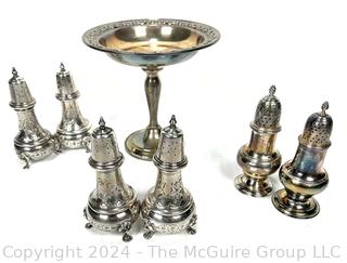 Sterling Silver Weighted (304 G) Compote and Three (3) Sets of Sterling Silver Shakers (502 G)
